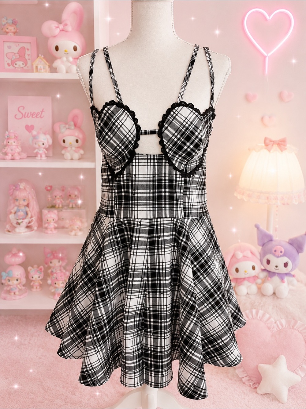 Urban Outfitters Dorian Plaid Heart Romper Black White Size L
